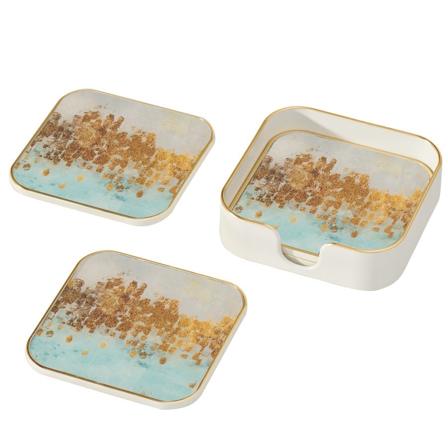 Savoy Gold Trim 4 Piece Square Coaster Set - Blue Mirage - Central Designs