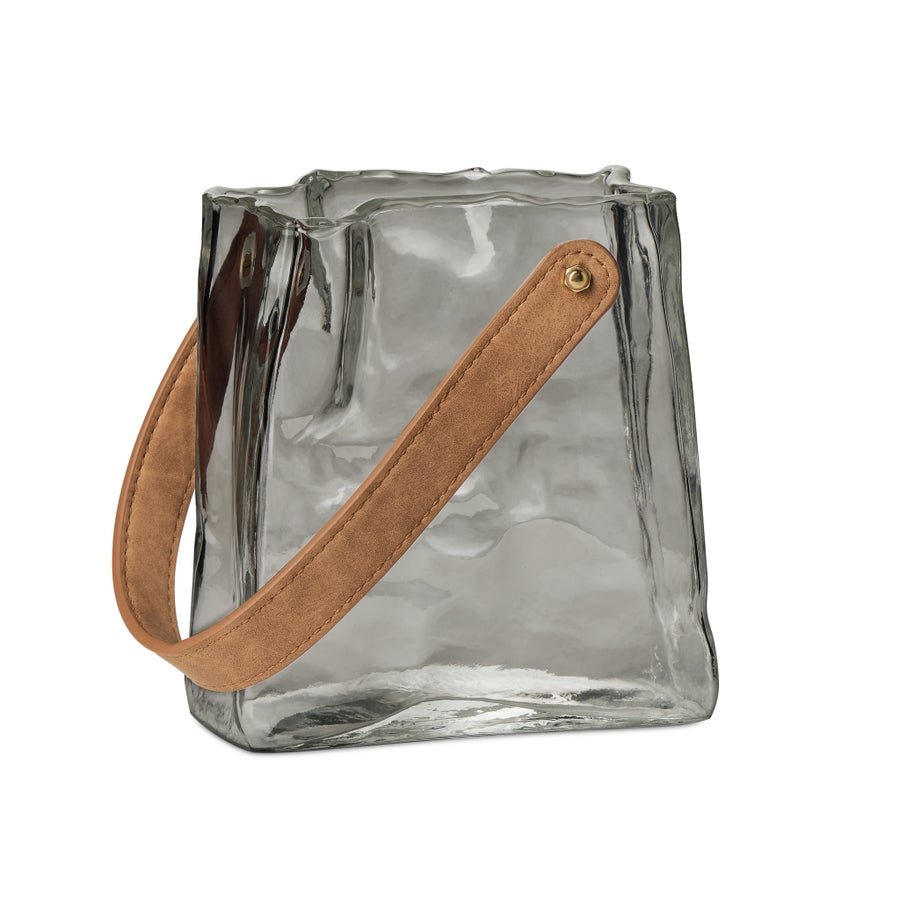 Handbag Smoke Glass 6.5 Inch Tall Vase with Faux Leather Handle - Central Designs