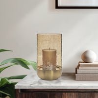 Waterfall Lustre Glass 9 Inch Tall Hurricane with Brushed Gold Metal Base - Central Designs