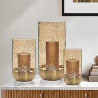 Waterfall Lustre Glass 9 Inch Tall Hurricane with Brushed Gold Metal Base - Central Designs
