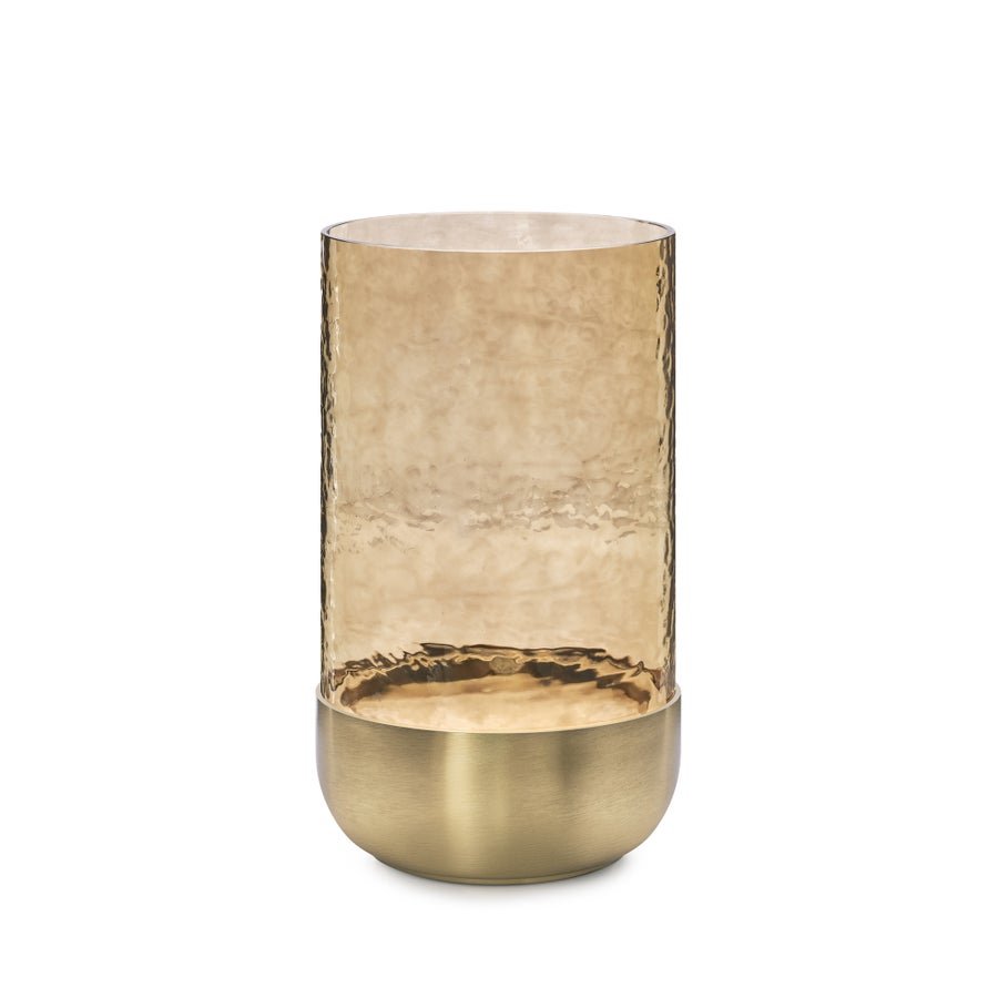 Waterfall Lustre Glass 9 Inch Tall Hurricane with Brushed Gold Metal Base - Central Designs
