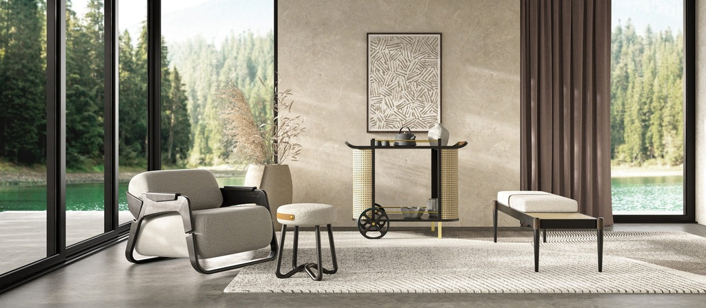 Modern Brazilian - Bello Bench - Noodles Opulent Upholstery - Black, Natural Frame