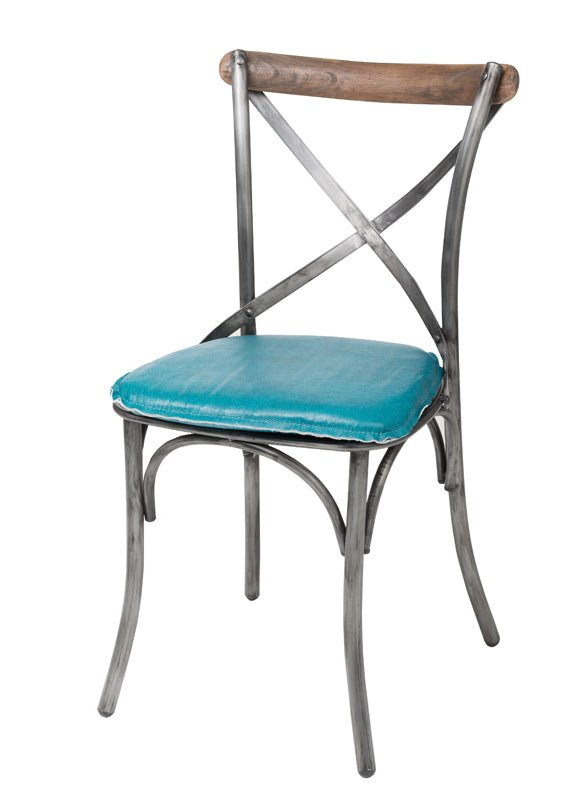 Metal Crossback Chair with Peacock Blue Seat Cushion - Central Designs