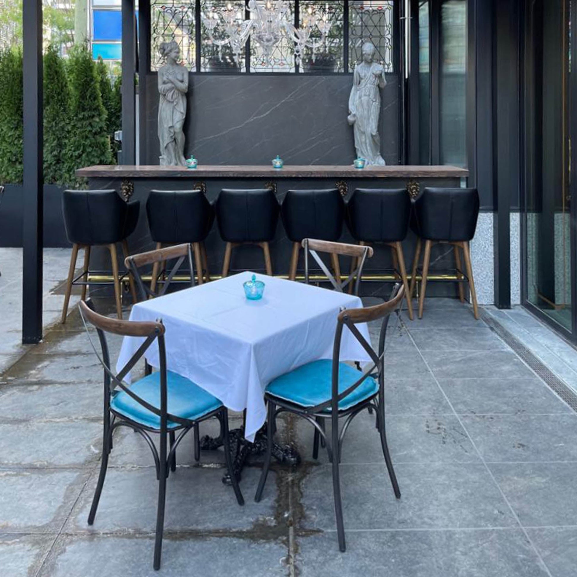 Metal Crossback Chair with Peacock Blue Seat Cushion - Central Designs