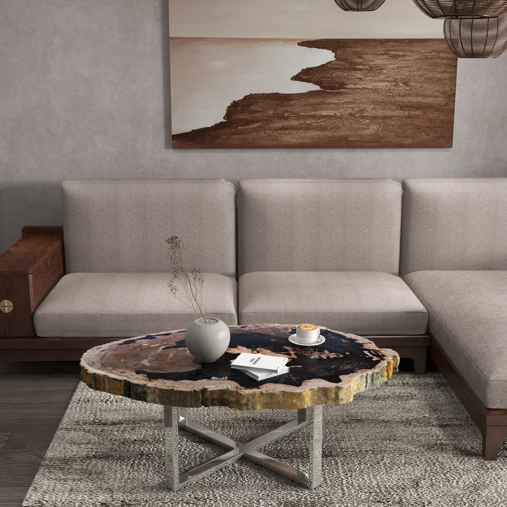Relique - Eliza Coffee Table - Polished Stainless Steel Base - Natural Dark Top