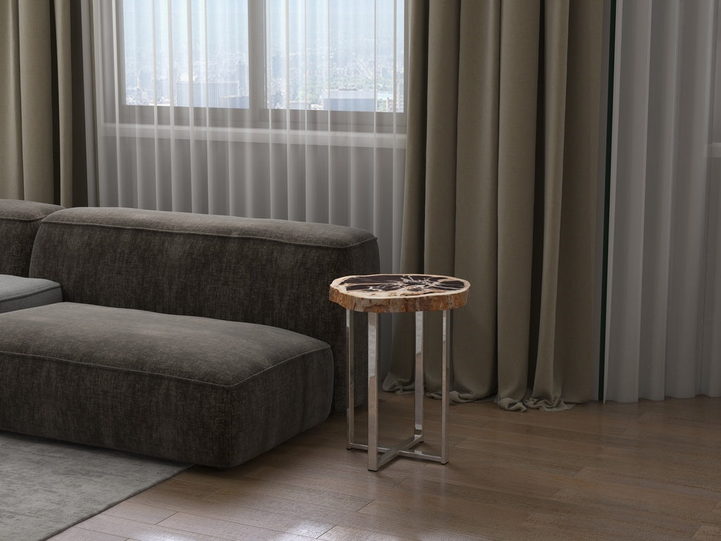 Relique - Eliza End Table - Polished Stainless Steel Base - Natural Dark Top