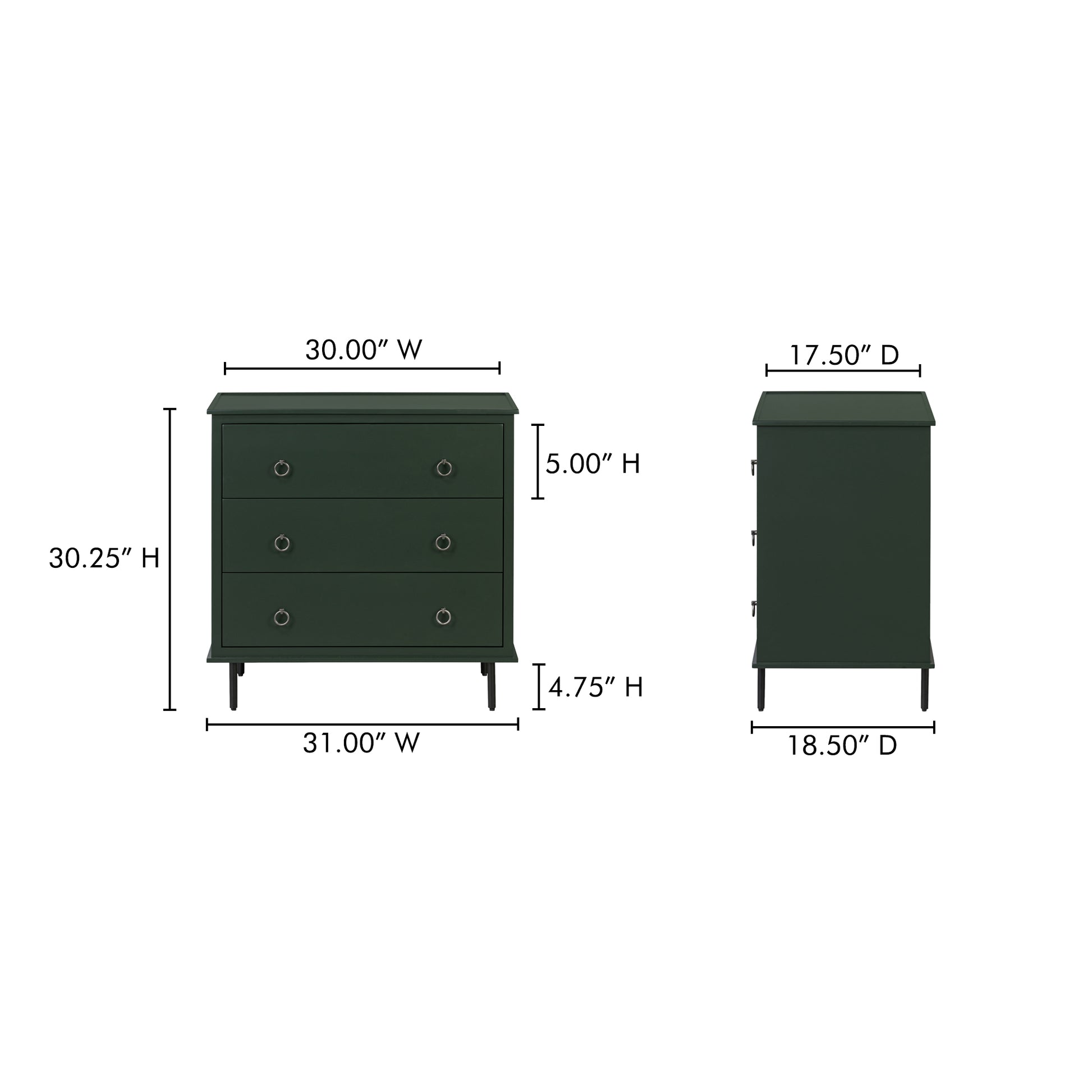 Reagan 3 Drawer Nightstand Deep Green - Central Designs