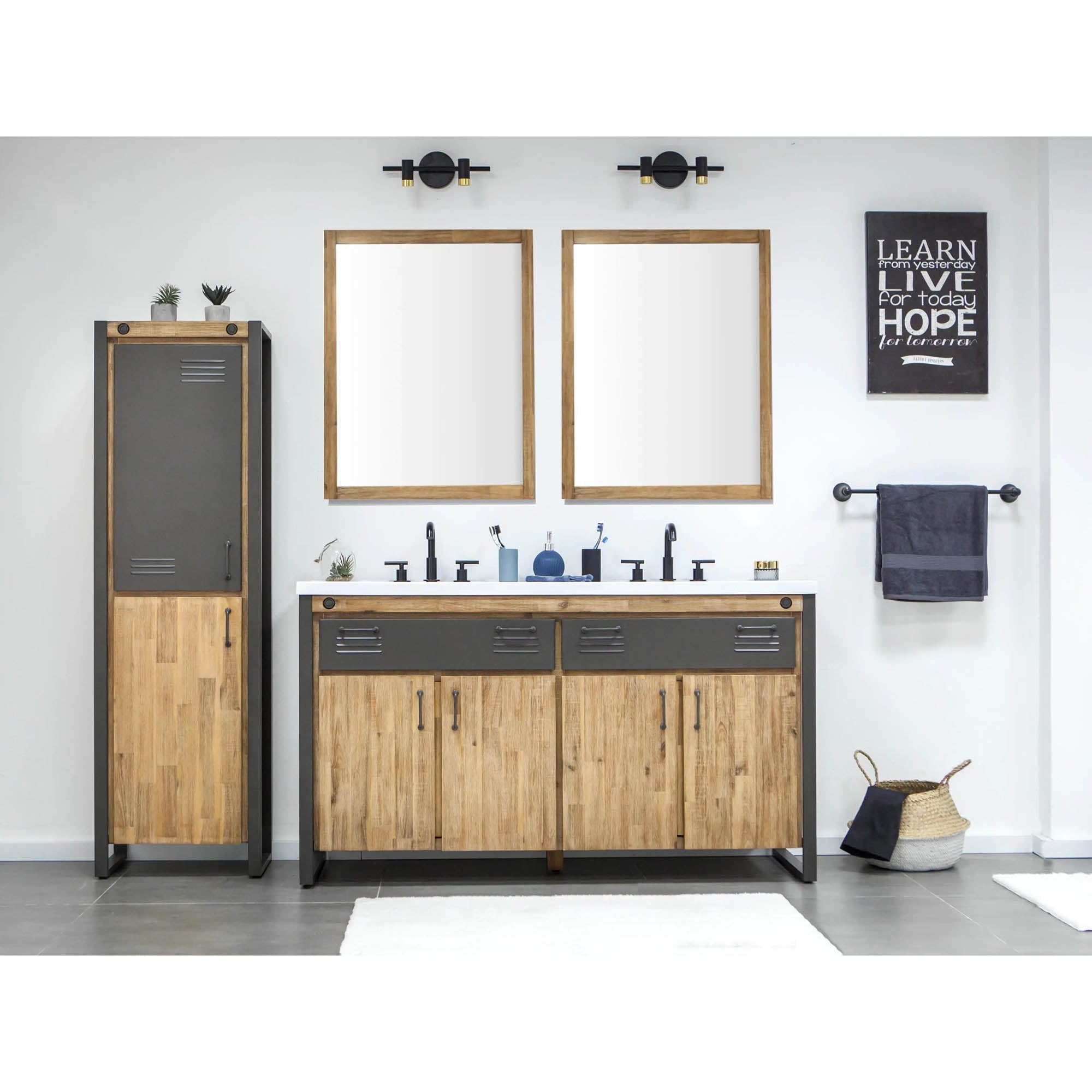Irondale Vanity W61 in Solid Acacia Wood and Metal with White Basin - Central Designs