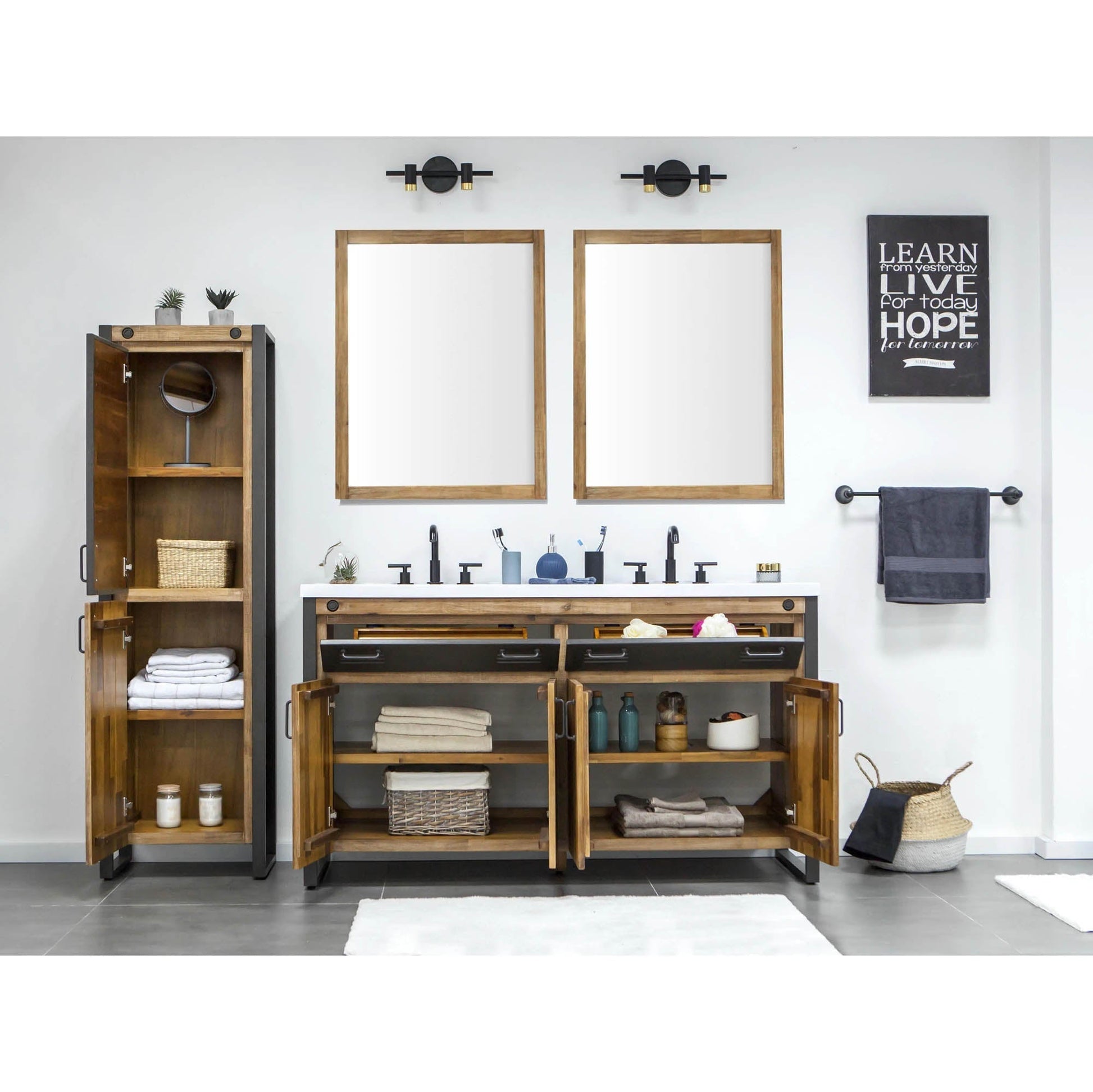 Irondale Vanity W61 in Solid Acacia Wood and Metal with White Basin - Central Designs