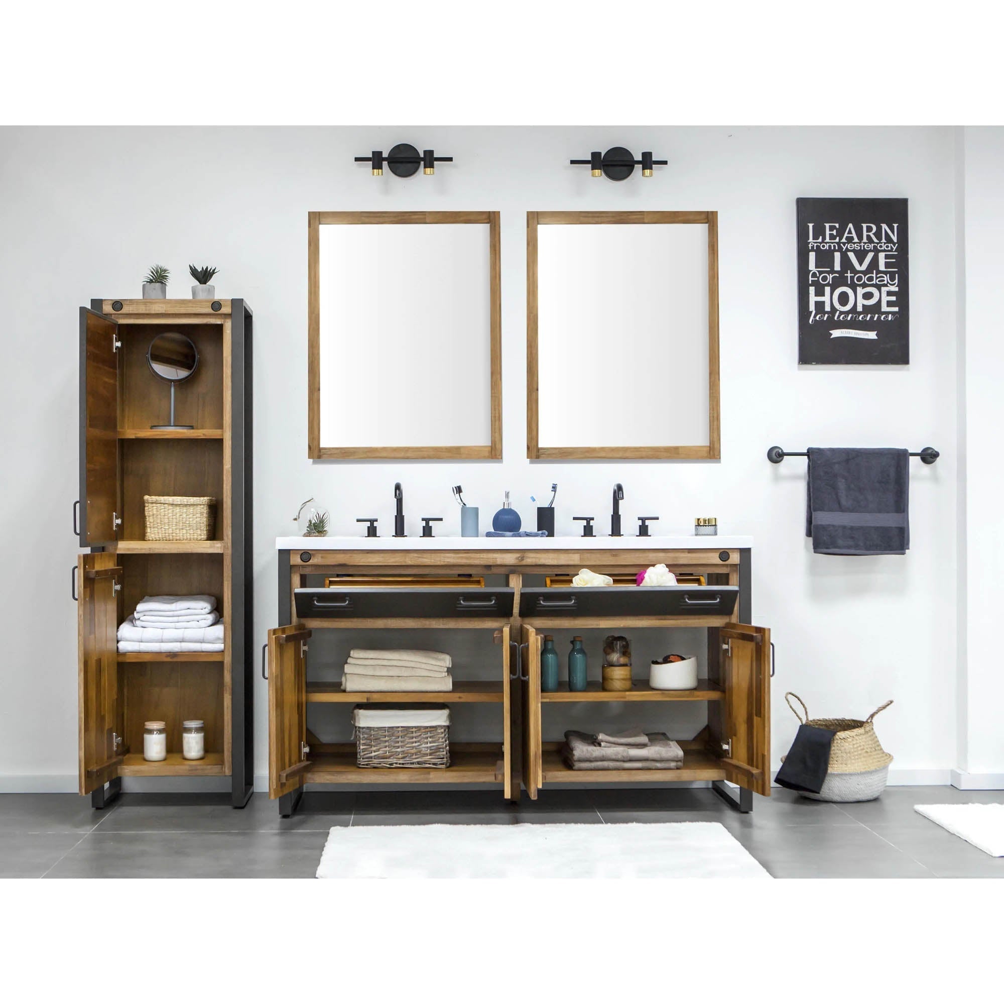 Irondale Vanity W61 in Solid Acacia Wood and Metal with White Basin - Central Designs