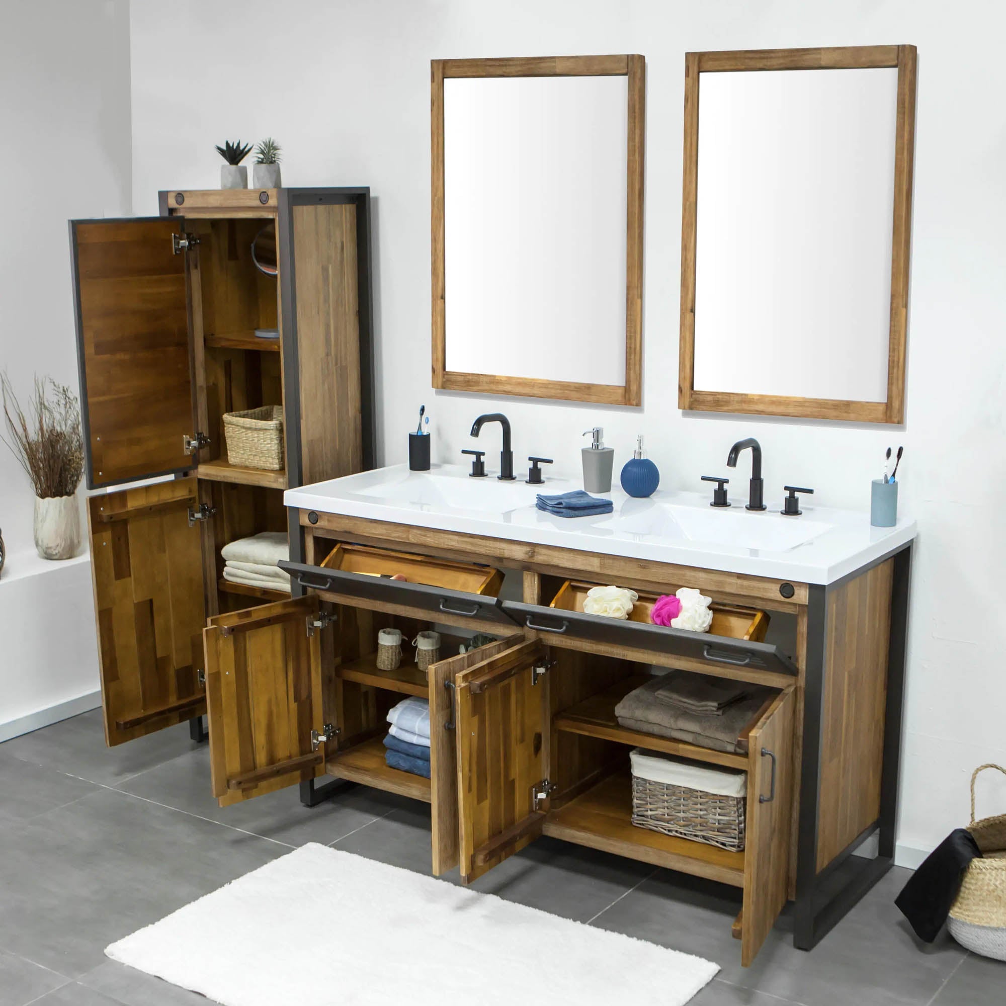 Irondale Vanity W61 in Solid Acacia Wood and Metal with White Basin - Central Designs