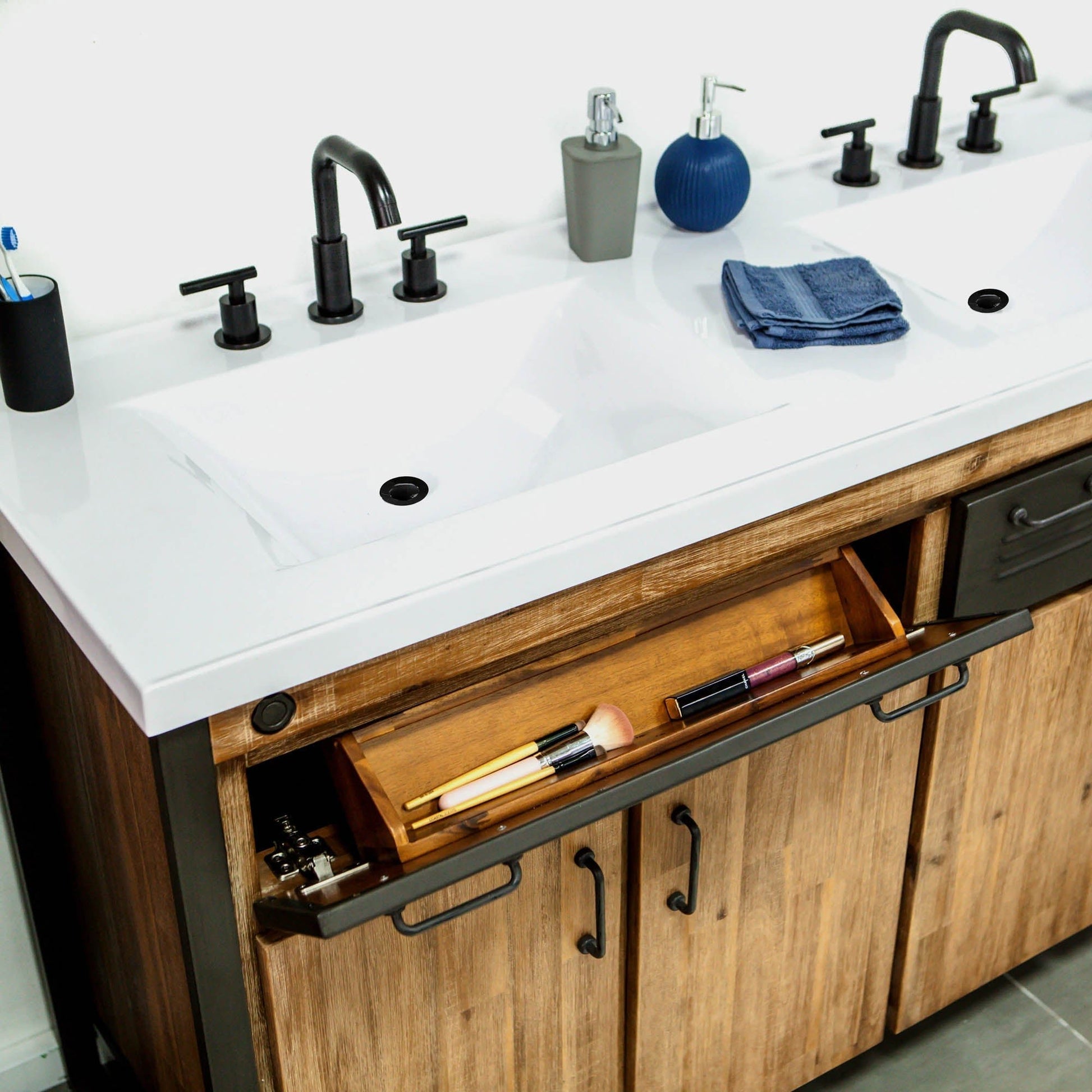 Irondale Vanity W61 in Solid Acacia Wood and Metal with White Basin - Central Designs
