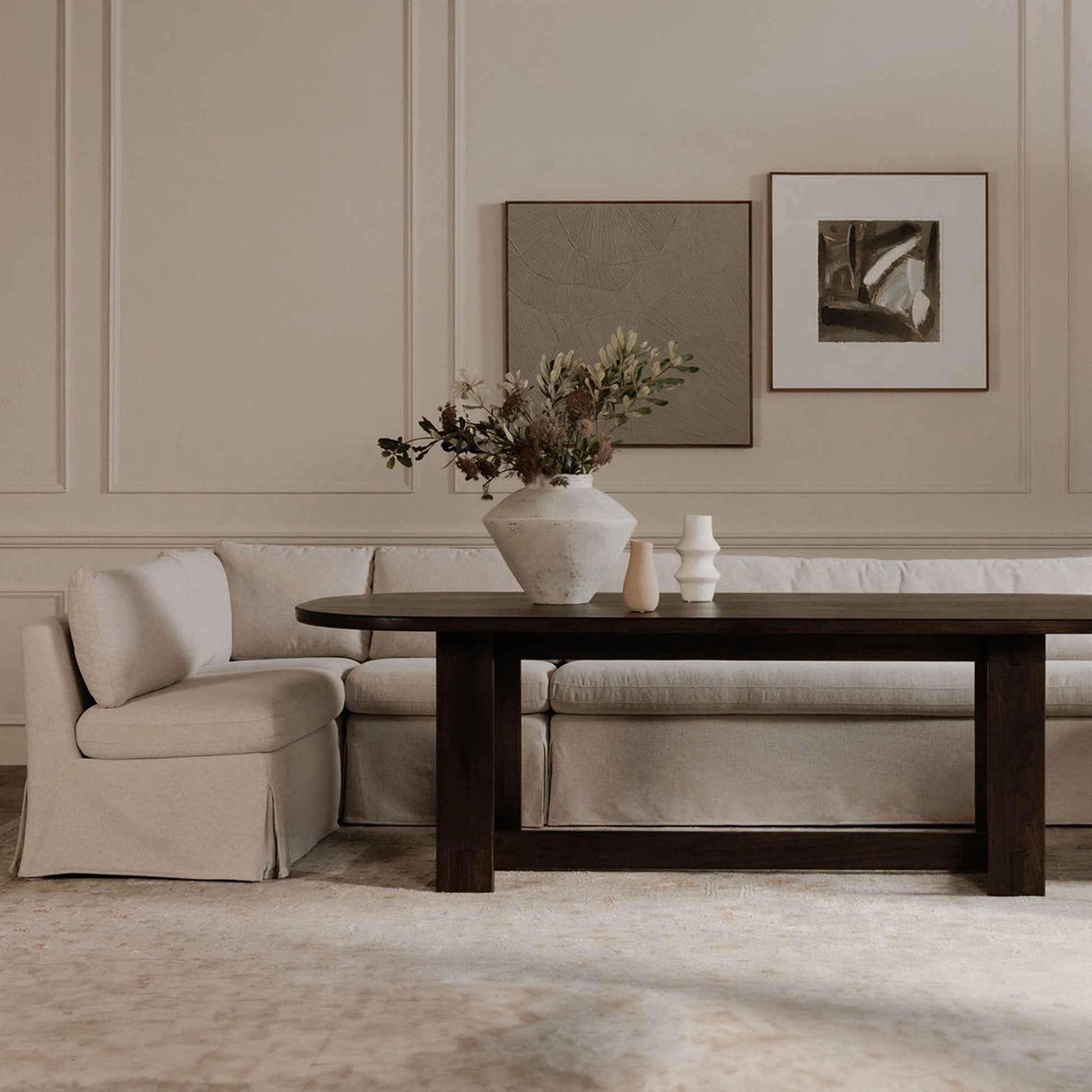 Fable Slipcover Dining Banquette L - Shape Beige 96 in. - Central Designs