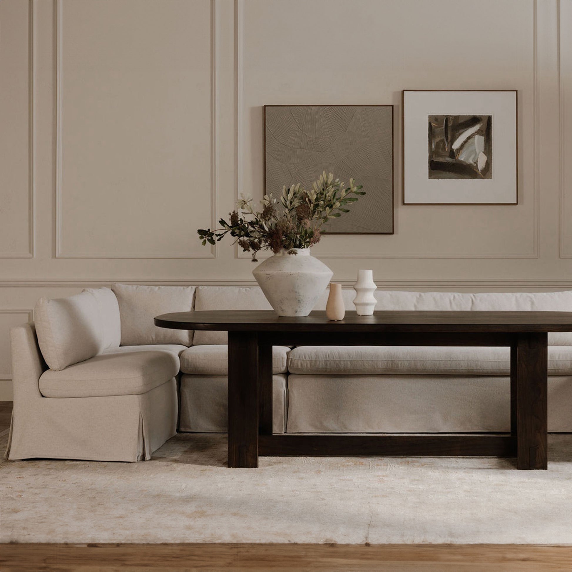Fable Slipcover Dining Banquette L - Shape Beige 139.5 in. - Central Designs