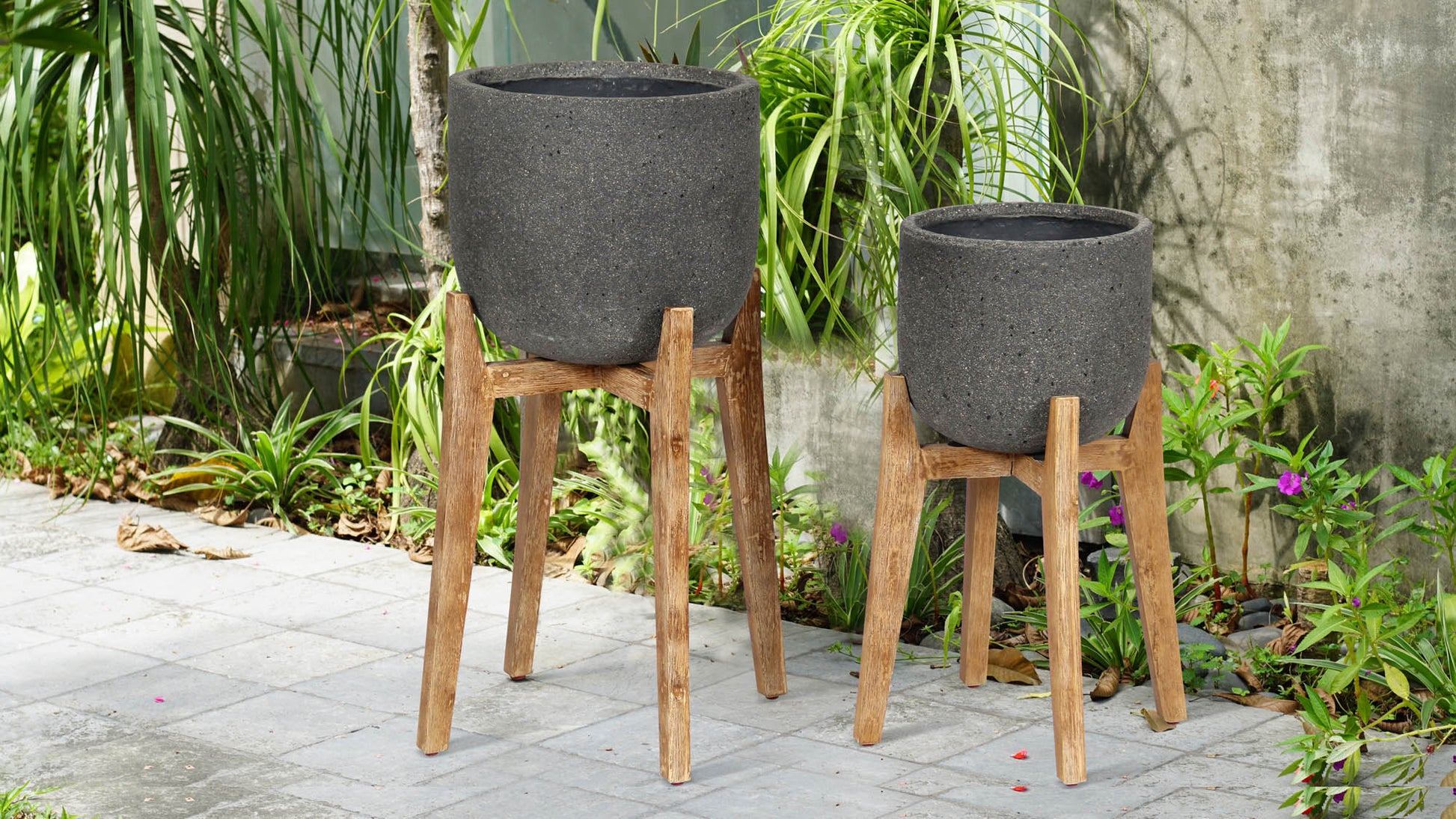 Patio Small Round Standing Pot - Grey Stone - Central Designs