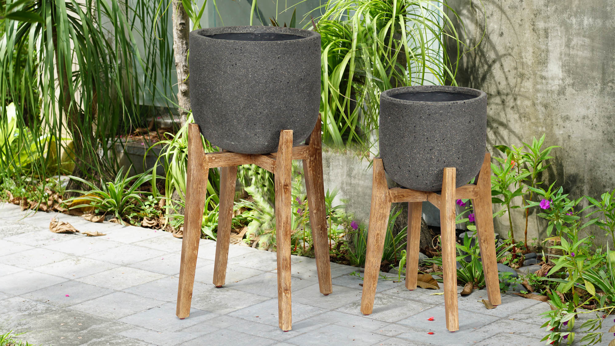 Patio Small Round Standing Pot - Grey Stone - Central Designs