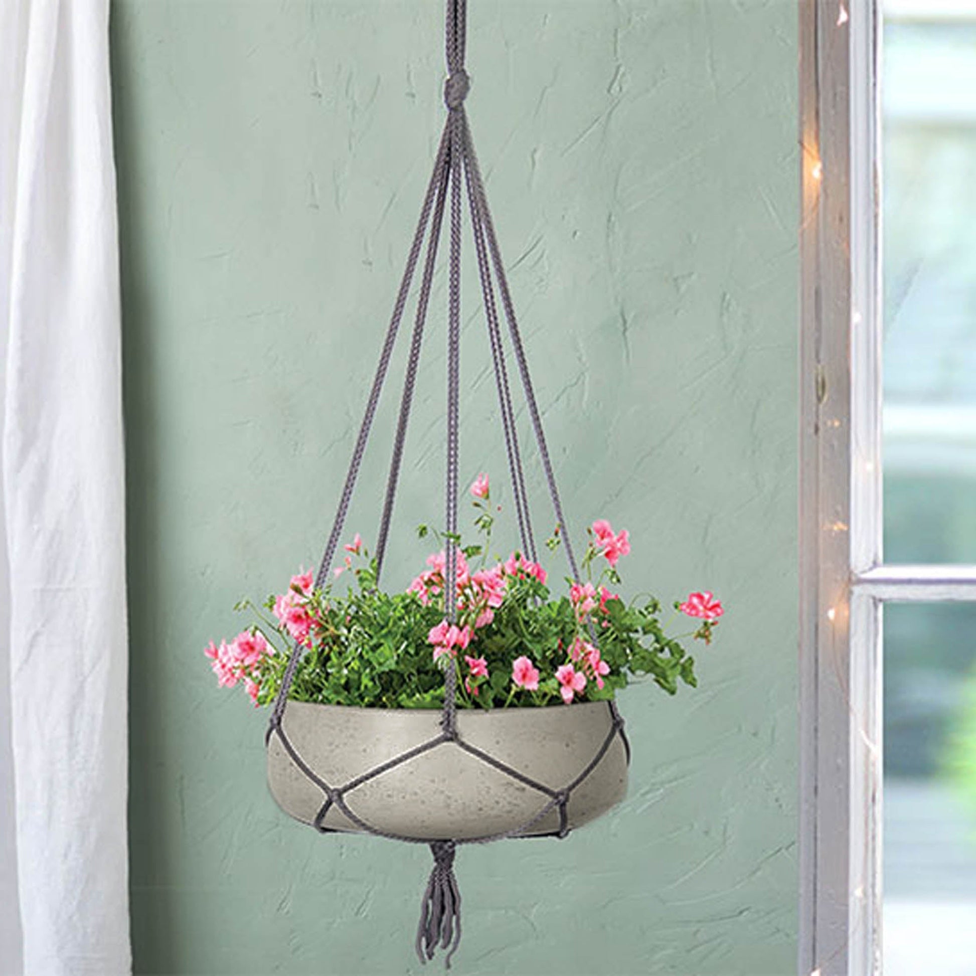 Circular Small Hanging Pot With Netting - Cement Grey - Central Designs