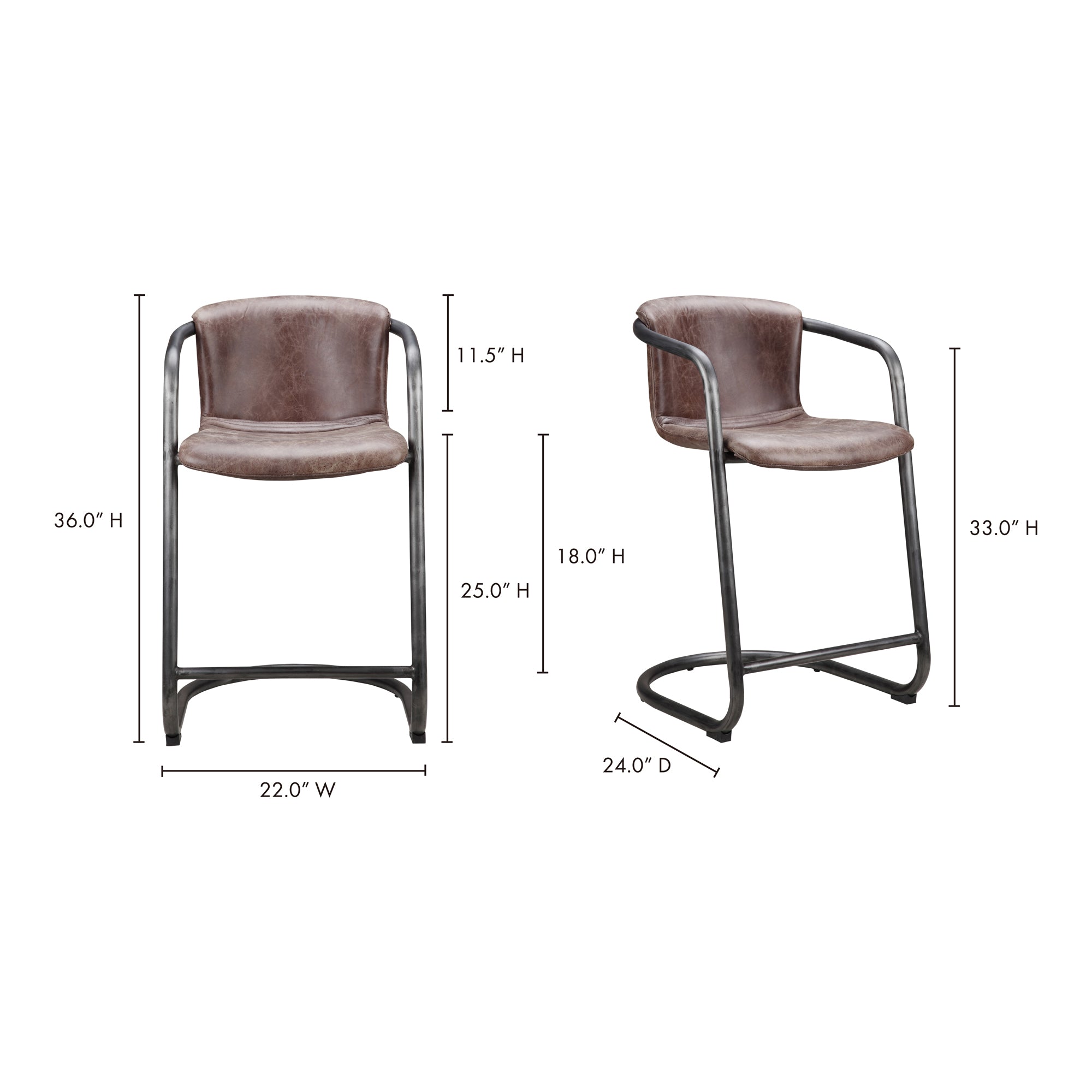 Freeman Counter Stool Grazed Brown Leather - Set Of Two - Central Designs