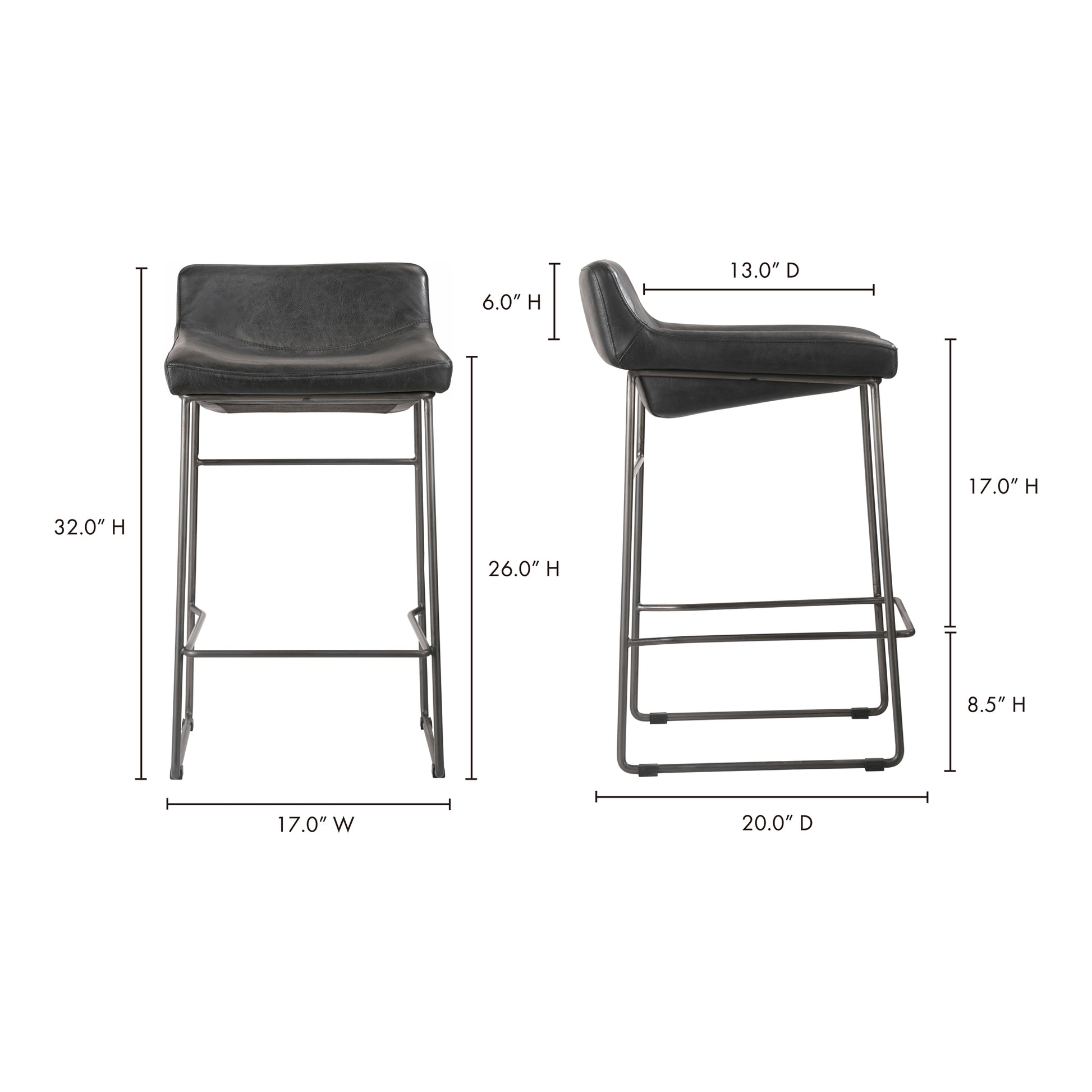 Starlet Counter Stool Onyx Black Leather - Set Of Two - Central Designs