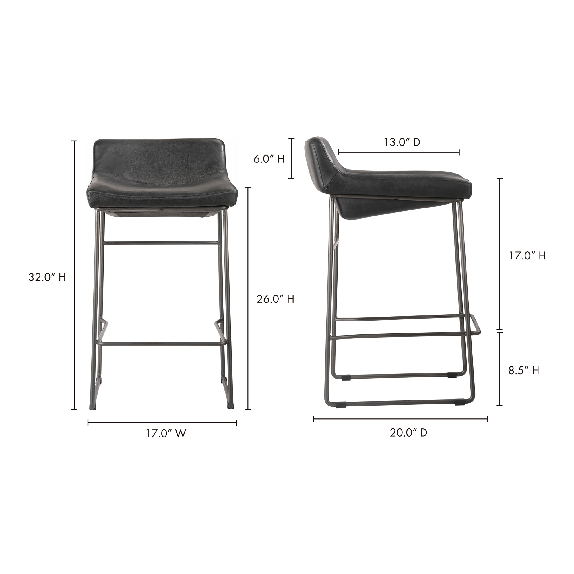 Starlet Counter Stool Onyx Black Leather - Set Of Two - Central Designs