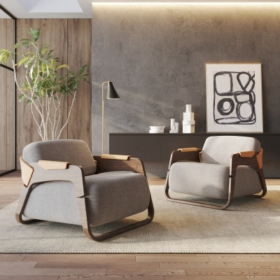 Modern Brazilian - Hermes Accent Chair - Harvest Natural Upholstery - Nozes, Brown Frame
