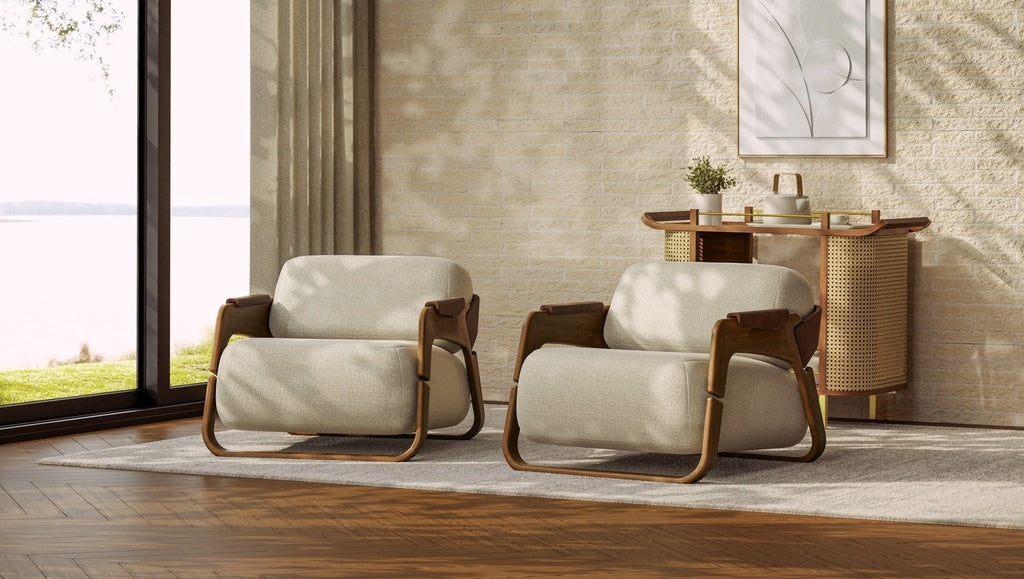 Modern Brazilian - Hermes Accent Chair - Harvest Natural Upholstery - Nozes, Brown Frame