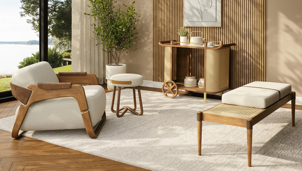 Modern Brazilian - Hermes Accent Chair - Harvest Natural Upholstery - Nozes, Brown Frame
