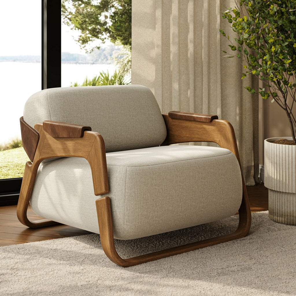 Modern Brazilian - Hermes Accent Chair - Harvest Natural Upholstery - Nozes, Brown Frame