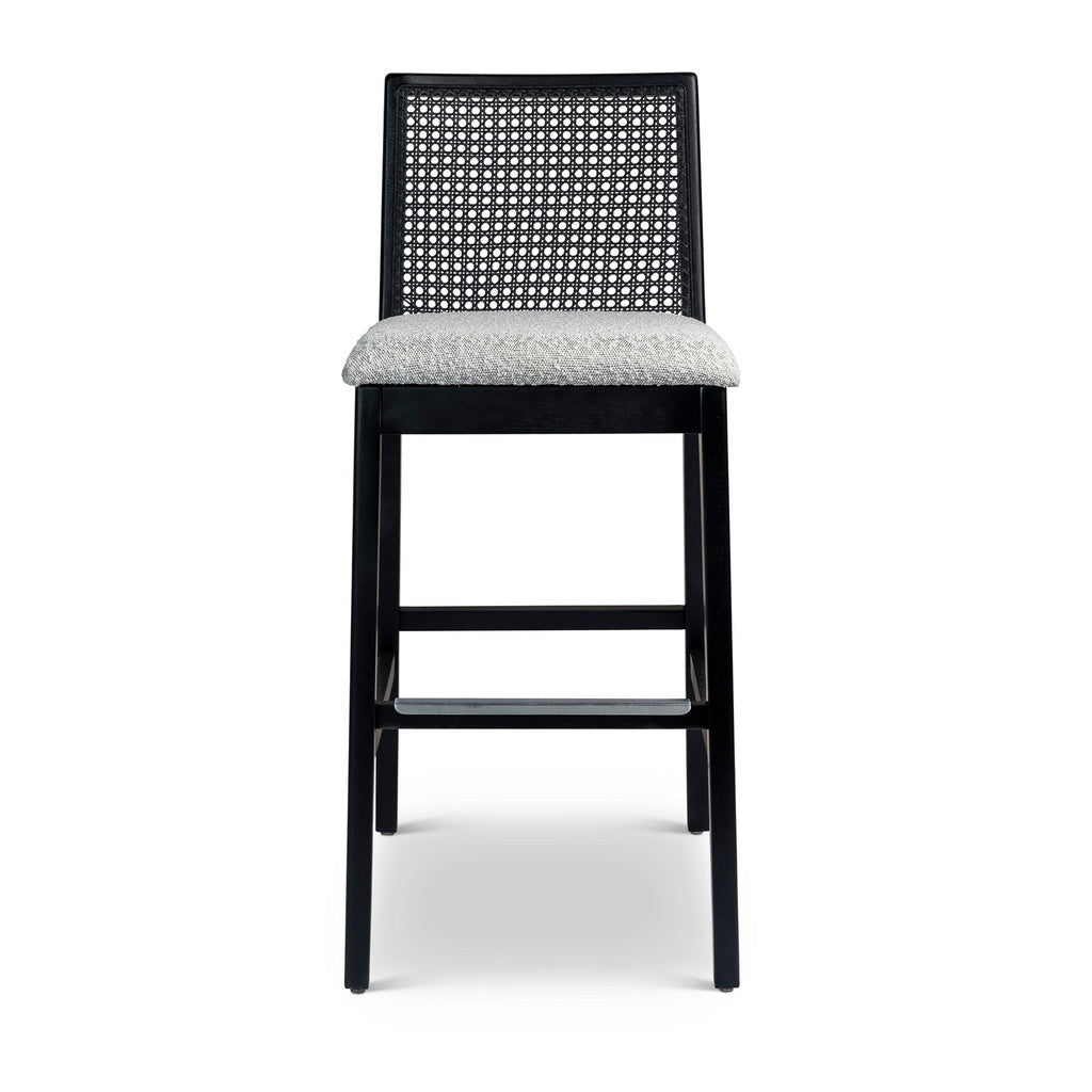 Modern Brazilian - Nardia - Cane Bar Stool - Bouclé Crafted Glaze Seat - Ebano Frame - Ebano Cane Webbing