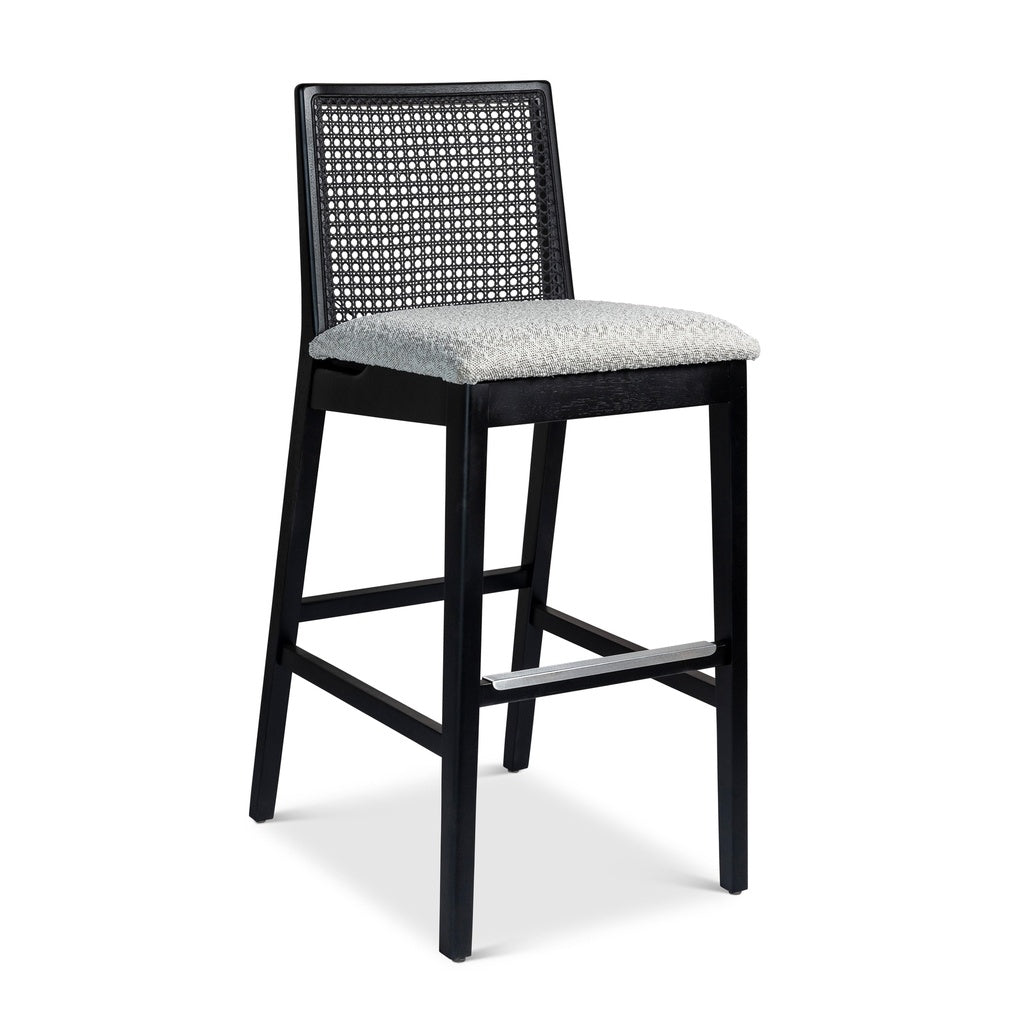 Modern Brazilian - Nardia - Cane Bar Stool - Bouclé Crafted Glaze Seat - Ebano Frame - Ebano Cane Webbing