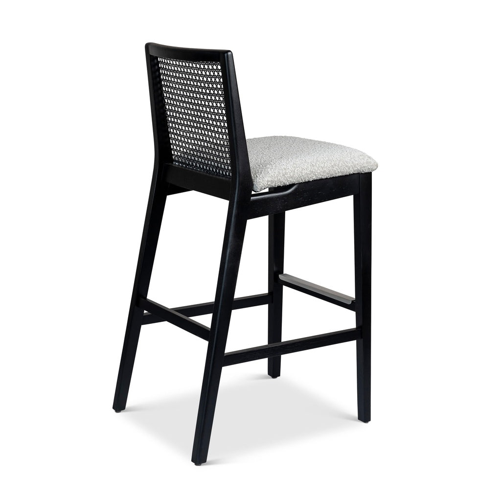 Modern Brazilian - Nardia - Cane Bar Stool - Bouclé Crafted Glaze Seat - Ebano Frame - Ebano Cane Webbing