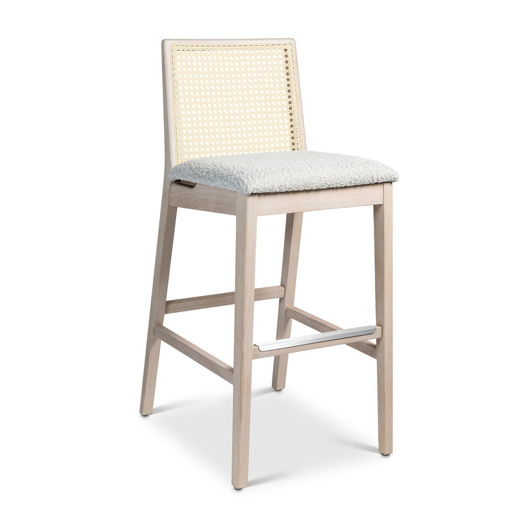 Modern Brazilian - Nardia - Cane Bar Stool - Bouclé Crafted Glaze Seat - Nevoa Frame - Natural Cane Webbing