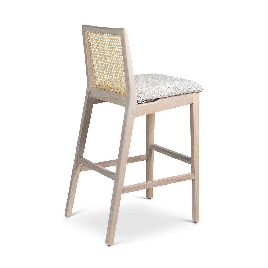 Modern Brazilian - Nardia - Cane Bar Stool - Bouclé Crafted Glaze Seat - Nevoa Frame - Natural Cane Webbing