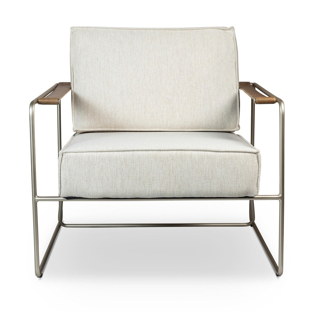 Modern Brazilian - Sampa - Arm Chair - Medley Ivory Upholstery - Champagne Frame - Saddle Leather Armrest