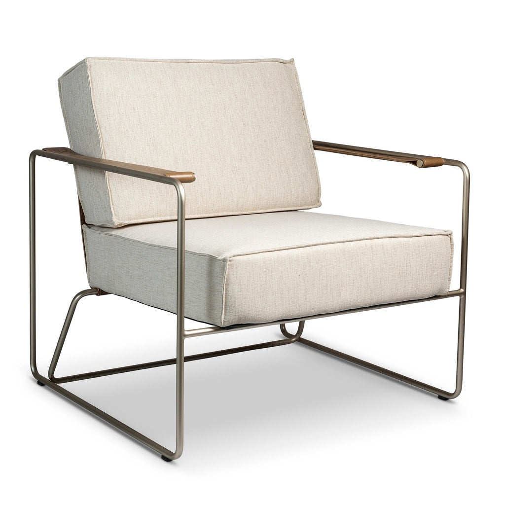 Modern Brazilian - Sampa - Arm Chair - Medley Ivory Upholstery - Champagne Frame - Saddle Leather Armrest