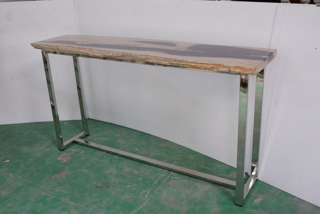 Relique - Raw Console - Polished Stainless Steel Frame - Natural Dark Top
