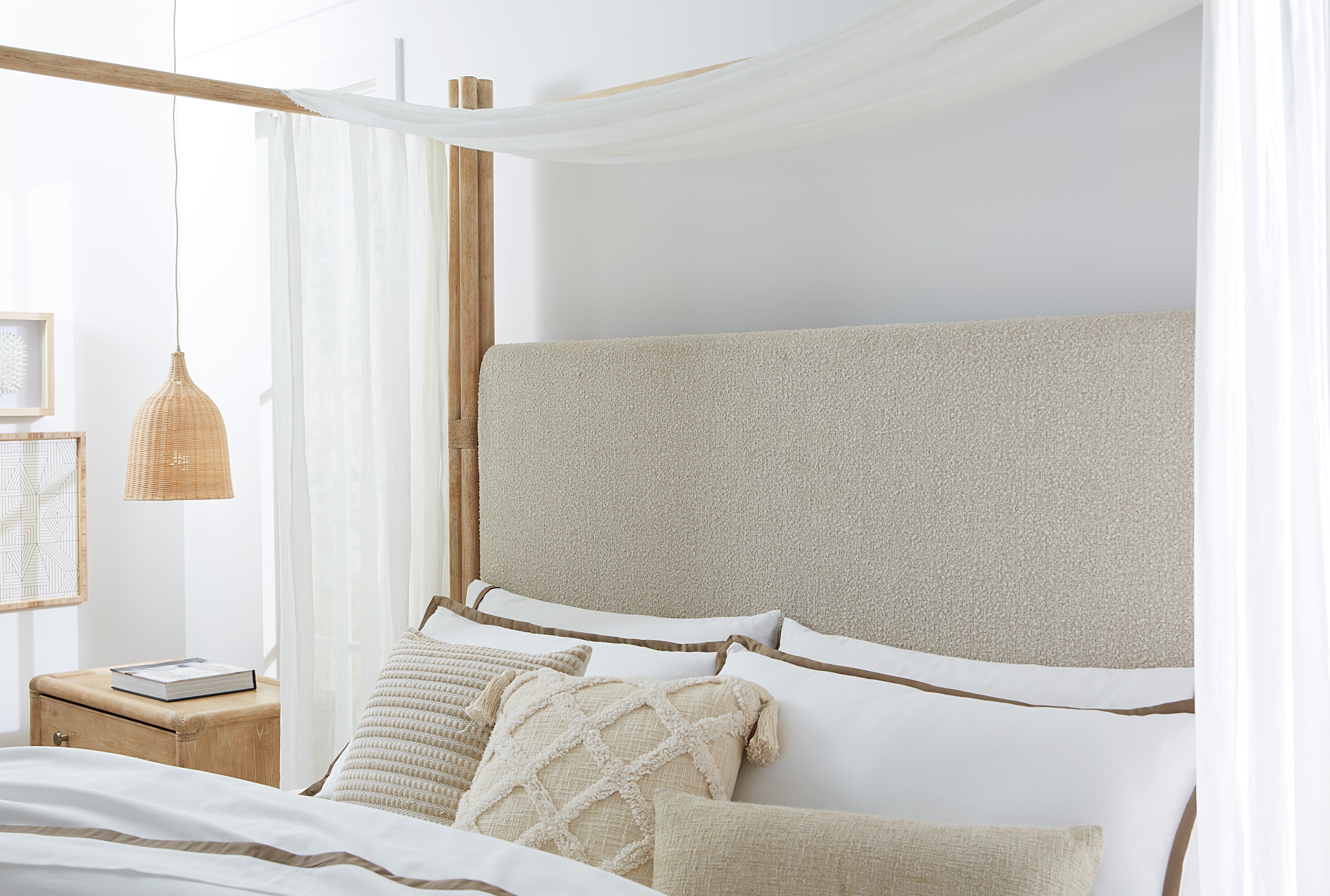 Retreat Pole Rattan Cal King Upholstered Poster Bed withCanopy