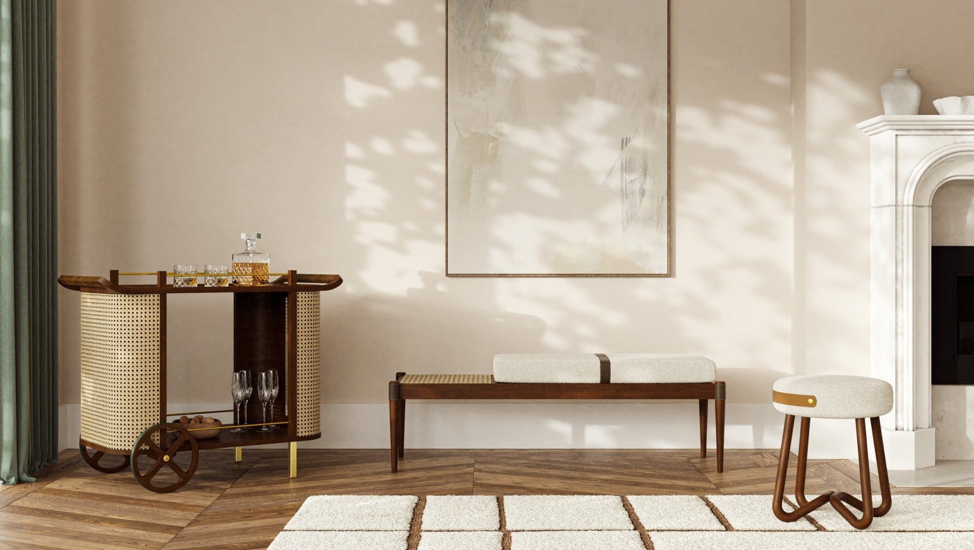 Modern Brazilian - Dinda - Bar Cart - Neutral Brown Frame - Central Designs